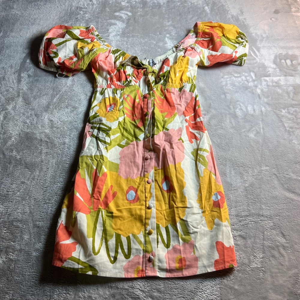 Sabo Dress Women's S Mini Dress Yellow Floral Puff Sleeve Button Front Cotton
